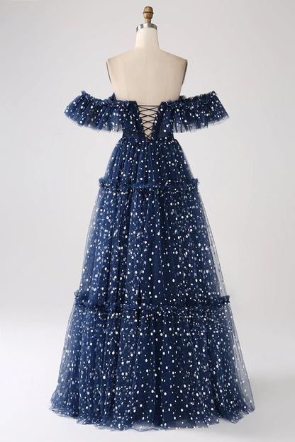 omberprom Navy Princess A-Line Evening Dress Off The Shoulder Pleated Tiered Long Prom Dress