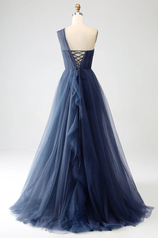 omberprom Elegant A-Line One-Shoulder Long Prom Dress Tulle With Slit Charming Evening Party Dress