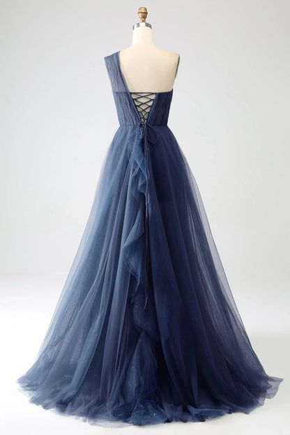 omberprom Elegant A-Line One-Shoulder Long Prom Dress Tulle With Slit Charming Evening Party Dress