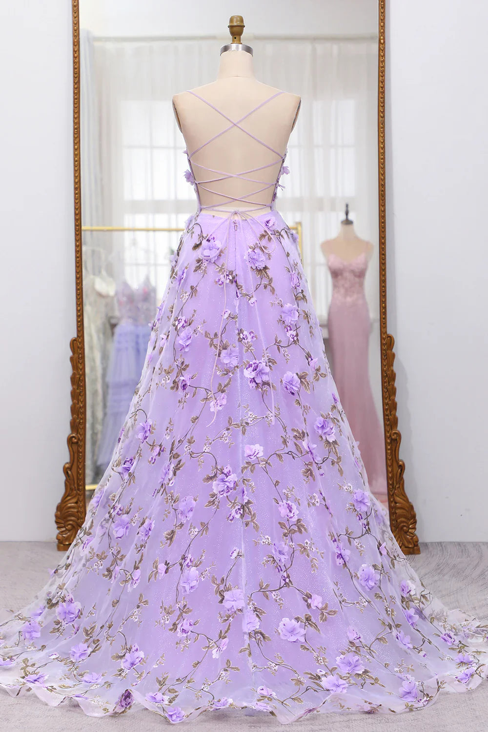 omberprom A Line Evening Dress Spaghetti Straps Lace-up Long Prom Dress With 3D Flowers