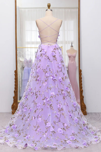 omberprom A Line Evening Dress Spaghetti Straps Lace-up Long Prom Dress With 3D Flowers