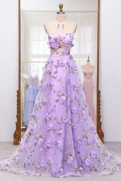 omberprom A Line Evening Dress Spaghetti Straps Lace-up Long Prom Dress With 3D Flowers