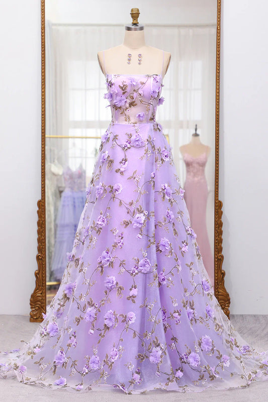 omberprom A Line Evening Dress Spaghetti Straps Lace-up Long Prom Dress With 3D Flowers