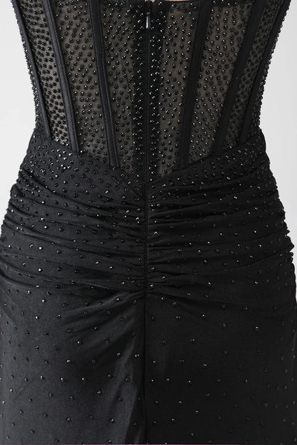 omberprom Mermaid Evening Dress Spaghetti Straps Pleated Long Black Prom Dress with Beading