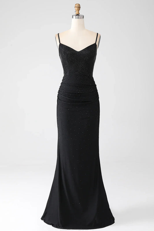 omberprom Mermaid Evening Dress Spaghetti Straps Pleated Long Black Prom Dress with Beading