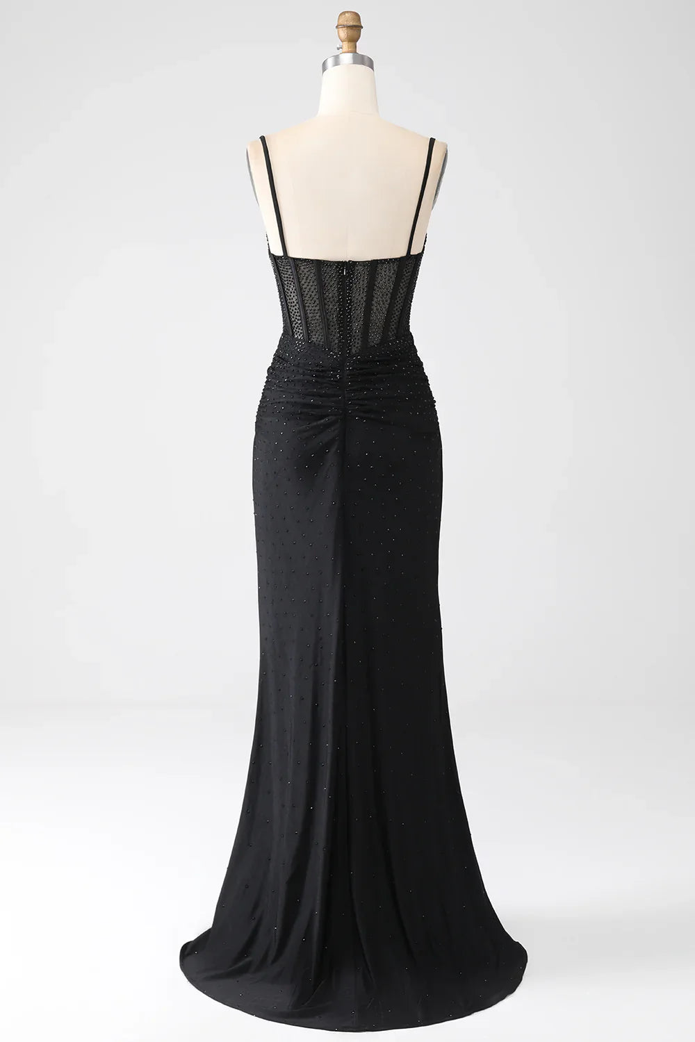 omberprom Mermaid Evening Dress Spaghetti Straps Pleated Long Black Prom Dress with Beading
