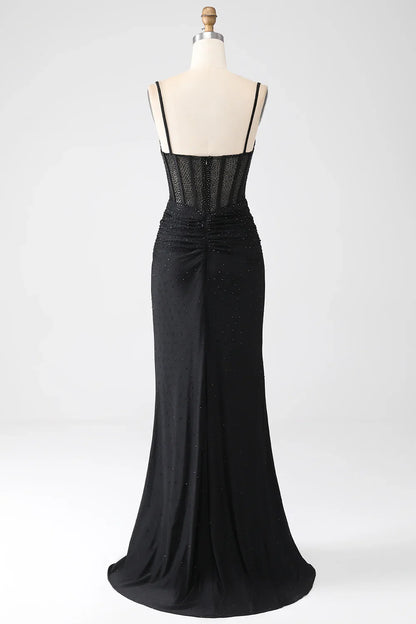 omberprom Mermaid Evening Dress Spaghetti Straps Pleated Long Black Prom Dress with Beading