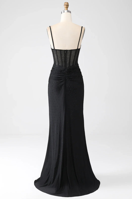omberprom Mermaid Evening Dress Spaghetti Straps Pleated Long Black Prom Dress with Beading