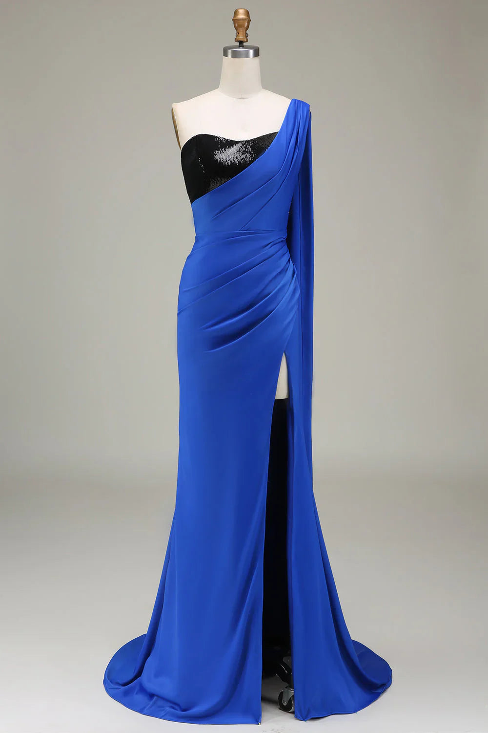 omberprom Royal Blue One Shoulder Mermaid Evening Dress Sequin Pleated Prom Dress with Slit