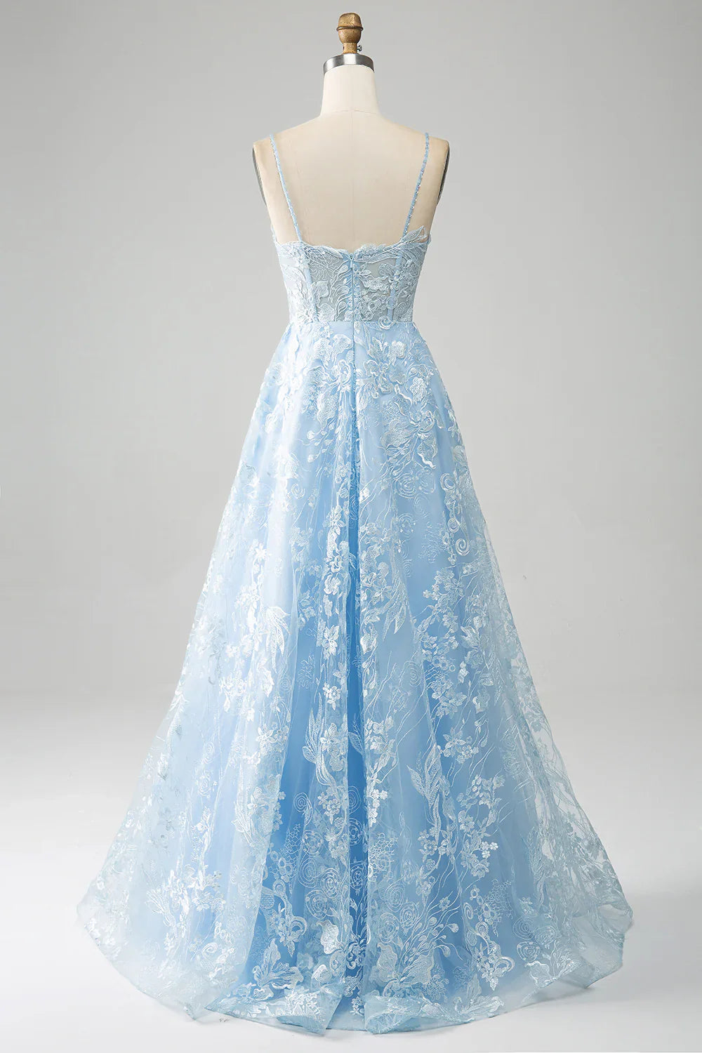 omberprom A Line Evening Dress Spaghetti Straps Corset Tulle Sky Blue Prom Dress With Appliques