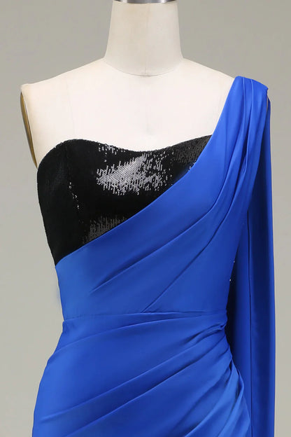 omberprom Royal Blue One Shoulder Mermaid Evening Dress Sequin Pleated Prom Dress with Slit