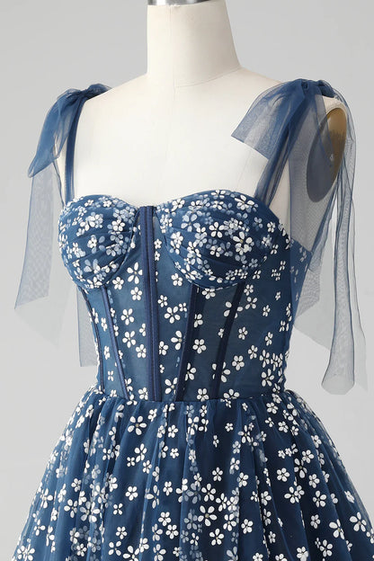 omberprom Cute A Line Spaghetti Straps Print Corset Navy Short Homecoming Dress