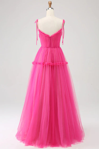 omberprom A-Line Evening Dress Spaghetti Straps Hot Pink Tulle Long Prom Dress Princess