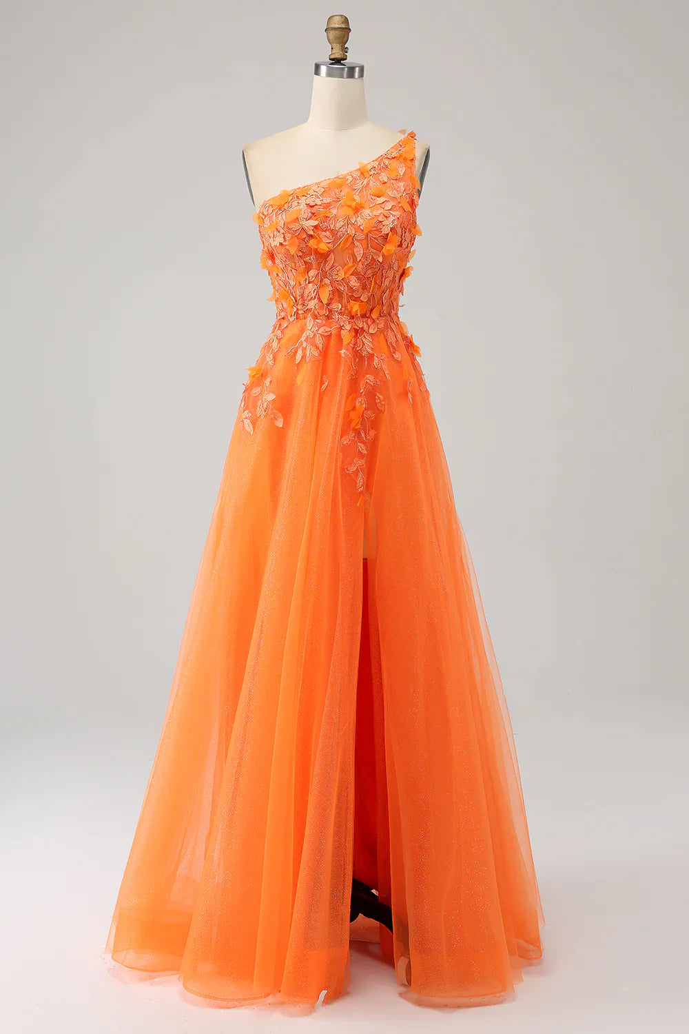 omberprom A-Line Prom Dress One Shoulder Long Tulle Applique Evening Dress With Slit Orange