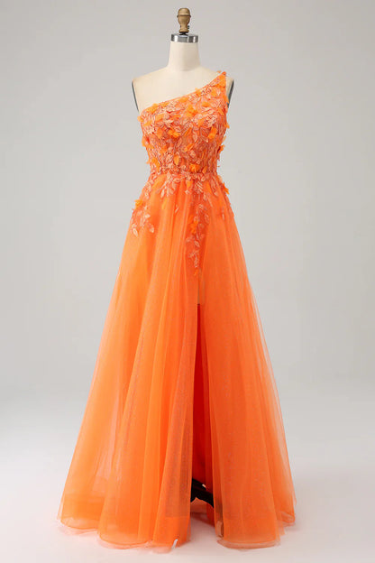 omberprom A-Line Prom Dress One Shoulder Long Tulle Applique Evening Dress With Slit Orange