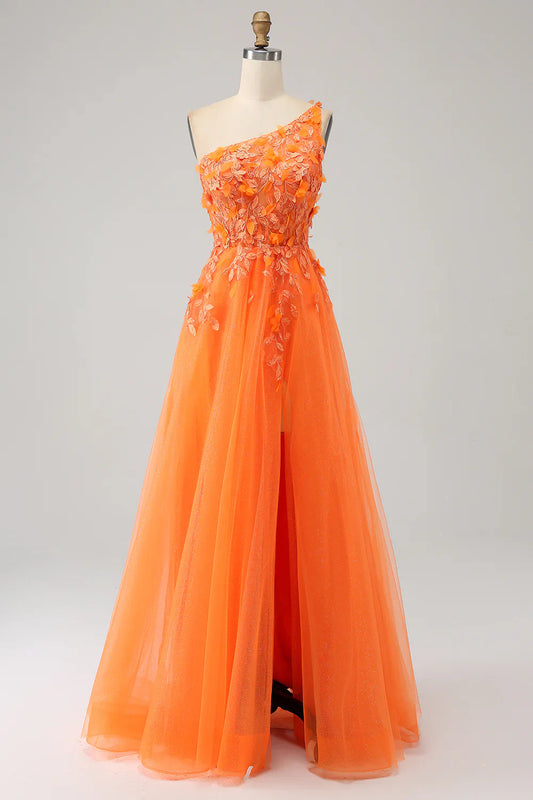 omberprom A-Line Prom Dress One Shoulder Long Tulle Applique Evening Dress With Slit Orange