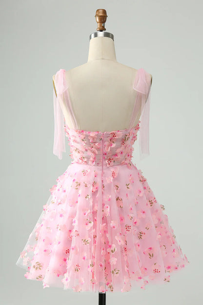 omberprom A Line Pearls Corset with Appliques Flower Short Homecoming Dress Cute Pink