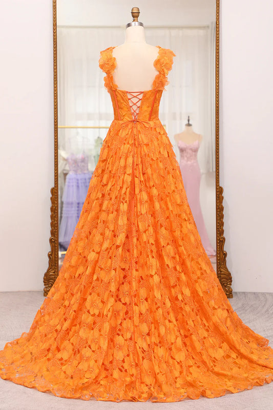 omberprom A-Line Evening Dress Spaghetti Straps Applique Corset Long Prom Dress With Slit Orange