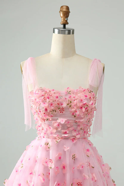 omberprom A Line Pearls Corset with Appliques Flower Short Homecoming Dress Cute Pink