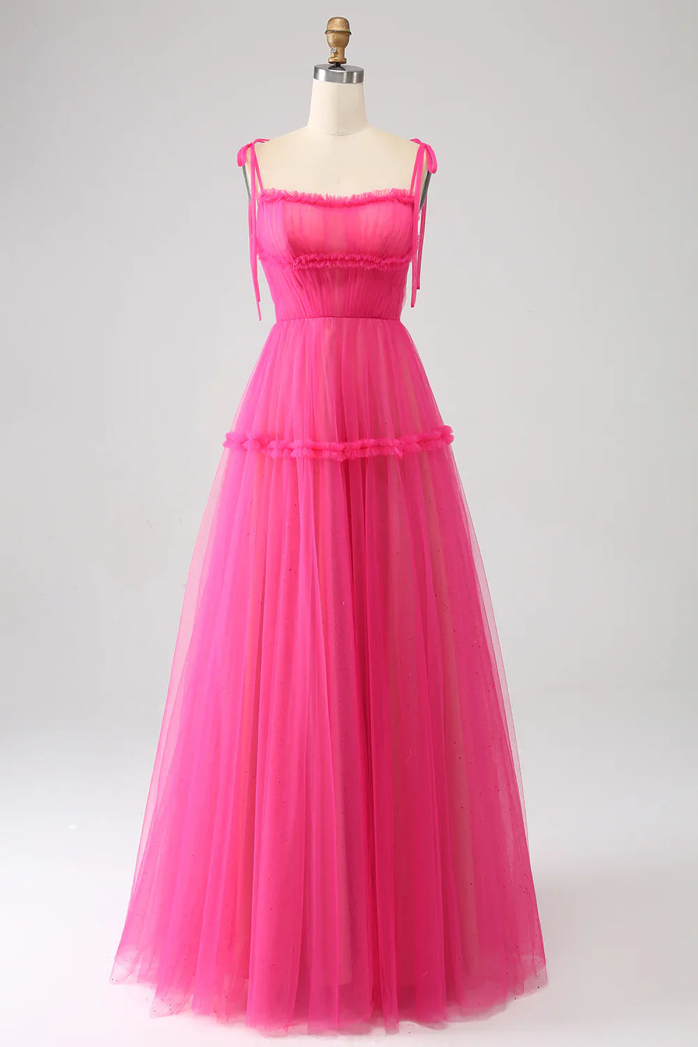 omberprom A-Line Evening Dress Spaghetti Straps Hot Pink Tulle Long Prom Dress Princess