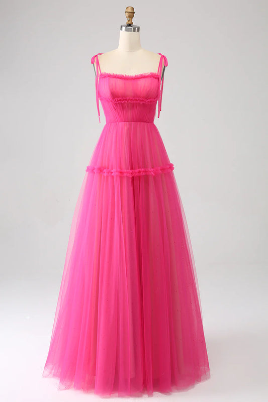 omberprom A-Line Evening Dress Spaghetti Straps Hot Pink Tulle Long Prom Dress Princess