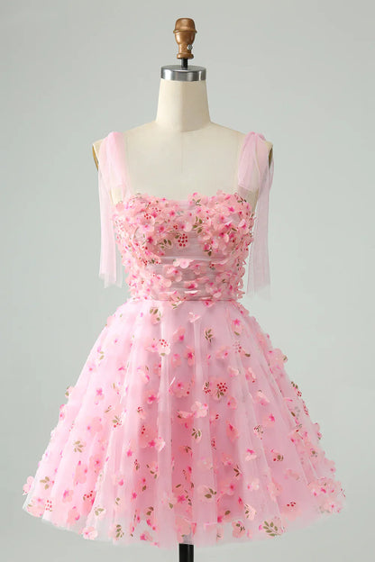 omberprom A Line Pearls Corset with Appliques Flower Short Homecoming Dress Cute Pink