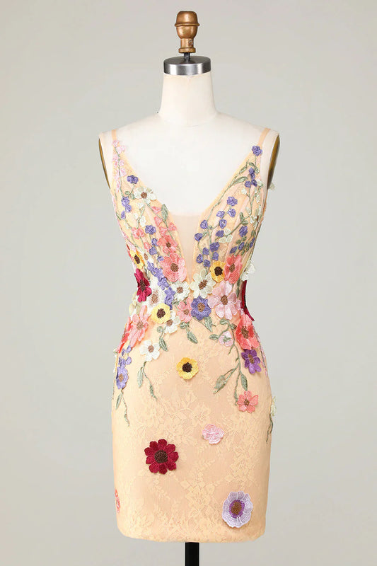omberprom Bodycon Deep V-Neck Short Homecoming Dress with Appliques Champagne