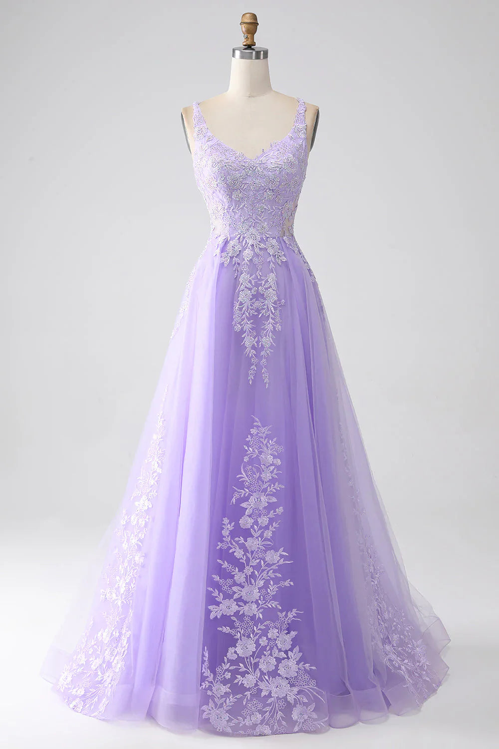 omberprom Sweet A-Line Evening Dress Spaghetti Straps Tulle Long Prom Dress with Appliques