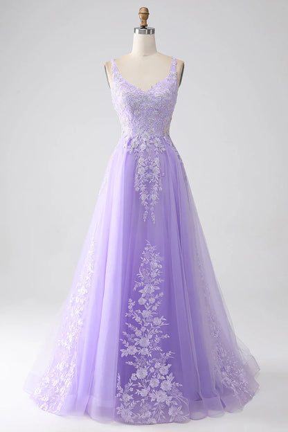 omberprom Sweet A-Line Evening Dress Spaghetti Straps Tulle Long Prom Dress with Appliques