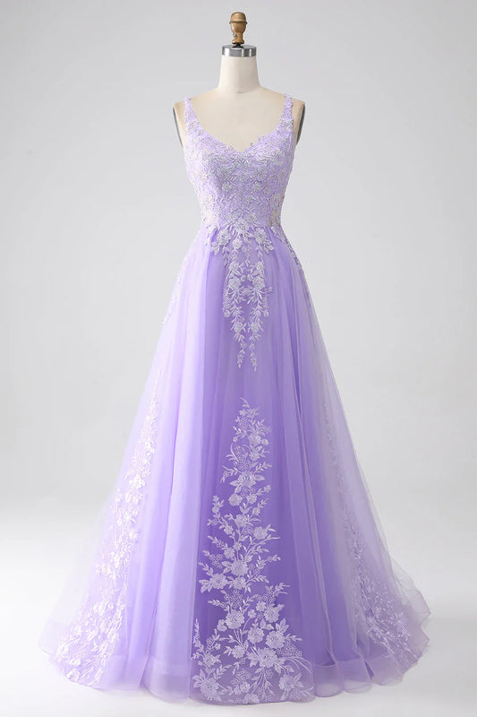 omberprom Sweet A-Line Evening Dress Spaghetti Straps Tulle Long Prom Dress with Appliques