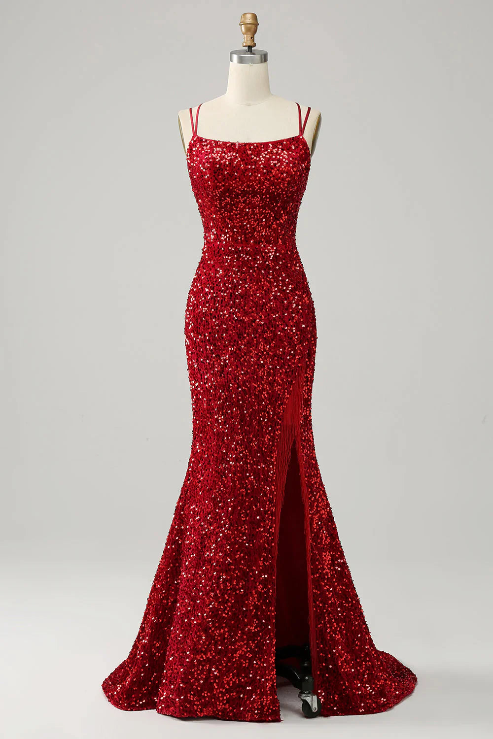 omberprom Red Prom Dress Sparkly Mermaid Spaghetti Straps Backless with Fringes Evening Dress