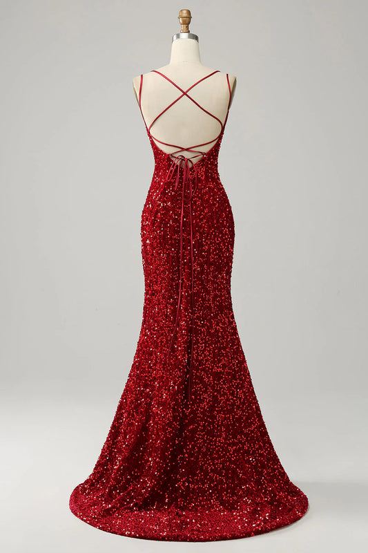 omberprom Red Prom Dress Sparkly Mermaid Spaghetti Straps Backless with Fringes Evening Dress