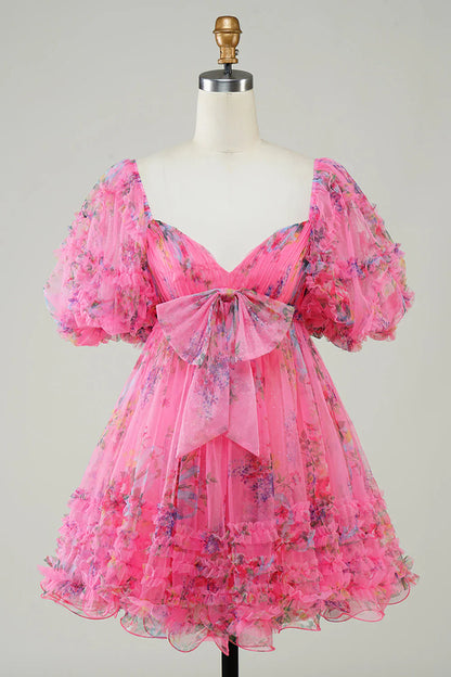 omberprom Short Homecoming Dress Dark Blue A-Line Puff Sleeves Tulle with Bow