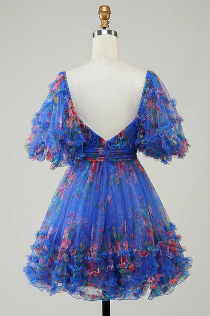 omberprom Short Homecoming Dress Dark Blue A-Line Puff Sleeves Tulle with Bow