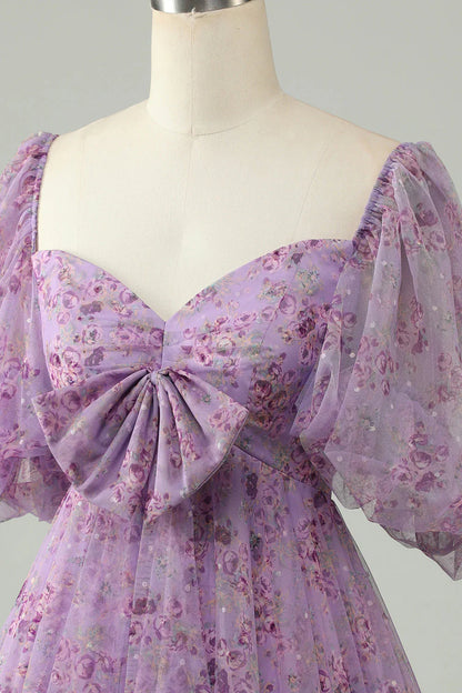 omberprom Elegant A Line Homecoming DressTulle Bow Print Short With Puff Sleeves Purple