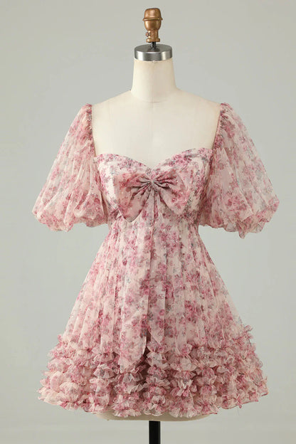 Liymcdress Elegant A Line Homecoming DressTulle Bow Print Short With Puff Sleeves Purple