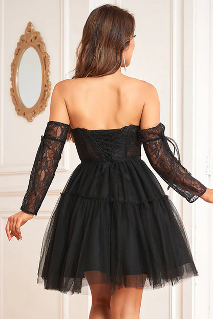 omberprom A-Line Homecoming Dress Corset Detachable Long Sleeves Evening Dress Short Graduation Dress