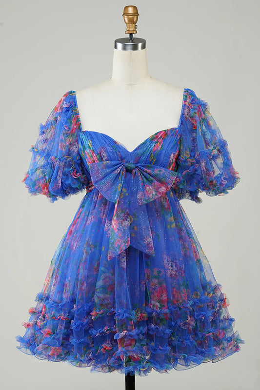 omberprom Short Homecoming Dress Dark Blue A-Line Puff Sleeves Tulle with Bow