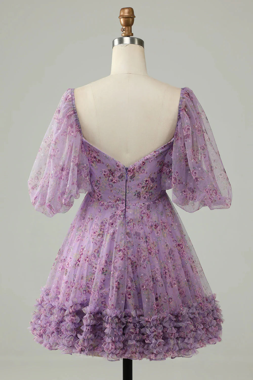 Liymcdress Elegant A Line Homecoming DressTulle Bow Print Short With Puff Sleeves Purple