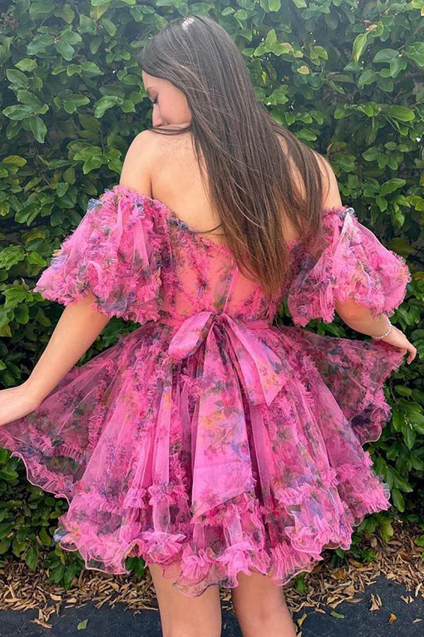 omberprom A Line Prom Dresses Off the Shoulder Printed Homecoming Dress