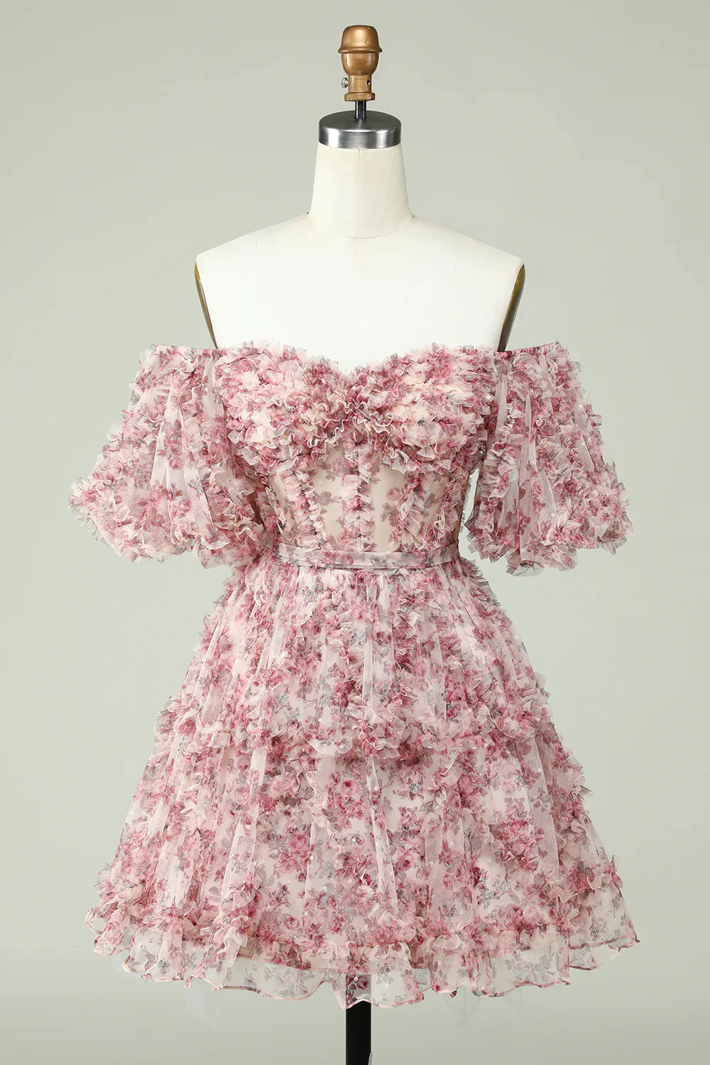 Fashion Off-the-shoulder Floral Design A-line Tiered Homecoming Dress TP3652
