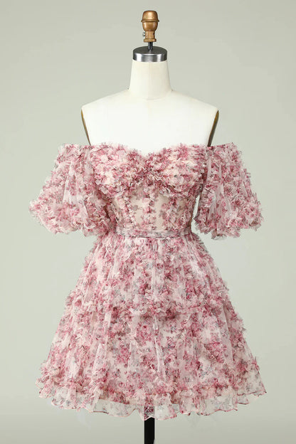 Fashion Off-the-shoulder Floral Design A-line Tiered Homecoming Dress TP3652