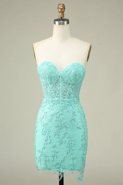 omberprom Short Homecoming Dress Bodycon Light Green Sweetheart Corset with Appliques