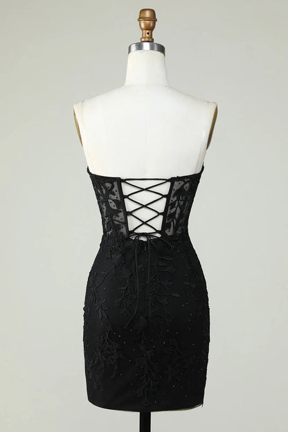 omberprom Homecoming Dress Bodycon Black Sweetheart Corset with Appliques