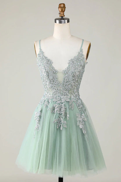 omberprom A Line Homecoming Dress Blush Spaghetti Straps Short with Appliques