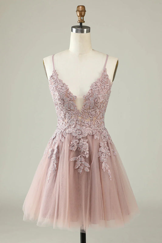 omberprom A Line Homecoming Dress Blush Spaghetti Straps Short with Appliques