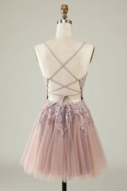 omberprom A Line Homecoming Dress Blush Spaghetti Straps Short with Appliques
