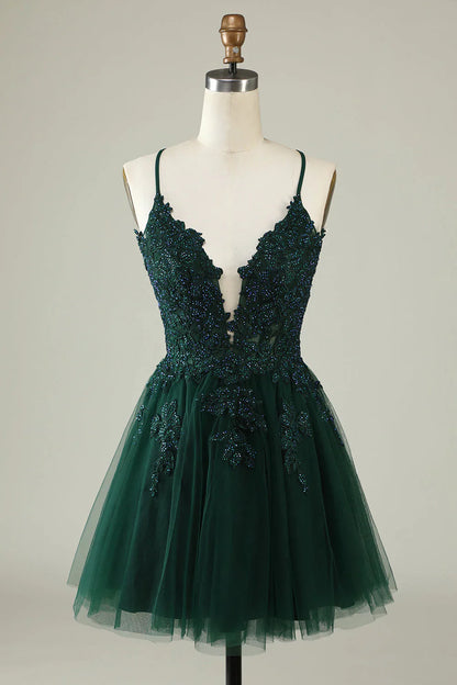 omberprom A Line Homecoming Dress Blush Spaghetti Straps Short with Appliques