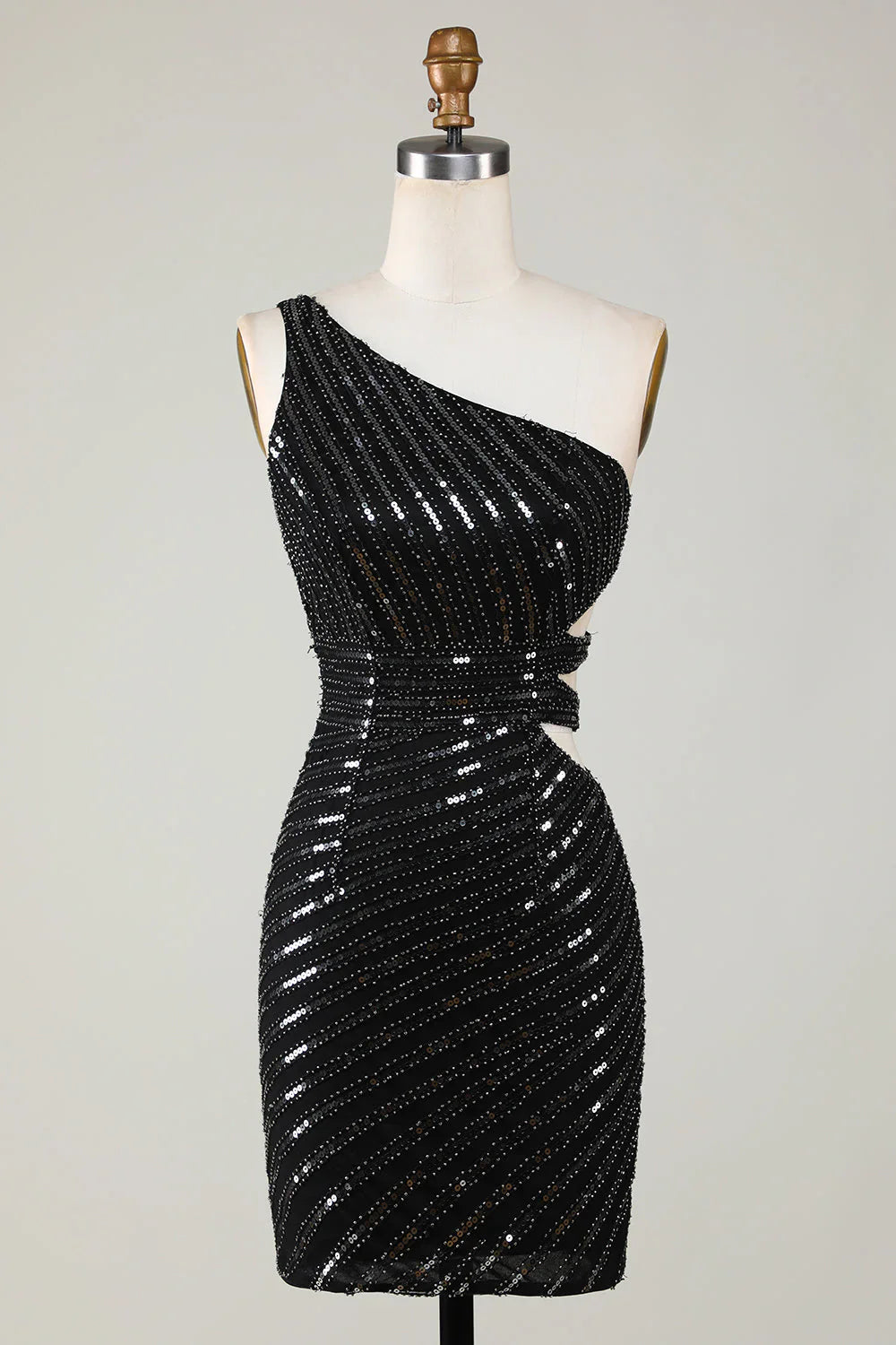 omberprom Short Homecoming Dress Sparkly Bodycon One Shoulder Black Sequins with Cut Out Graduation Dresses