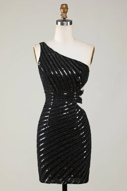omberprom Short Homecoming Dress Sparkly Bodycon One Shoulder Black Sequins with Cut Out Graduation Dresses